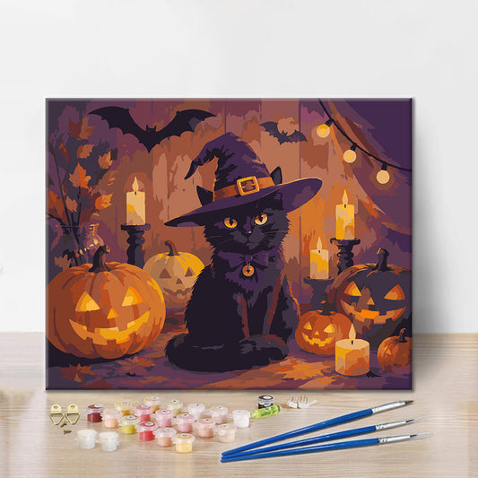 Svart katt med halloweenpumpor – Måla efter siffror