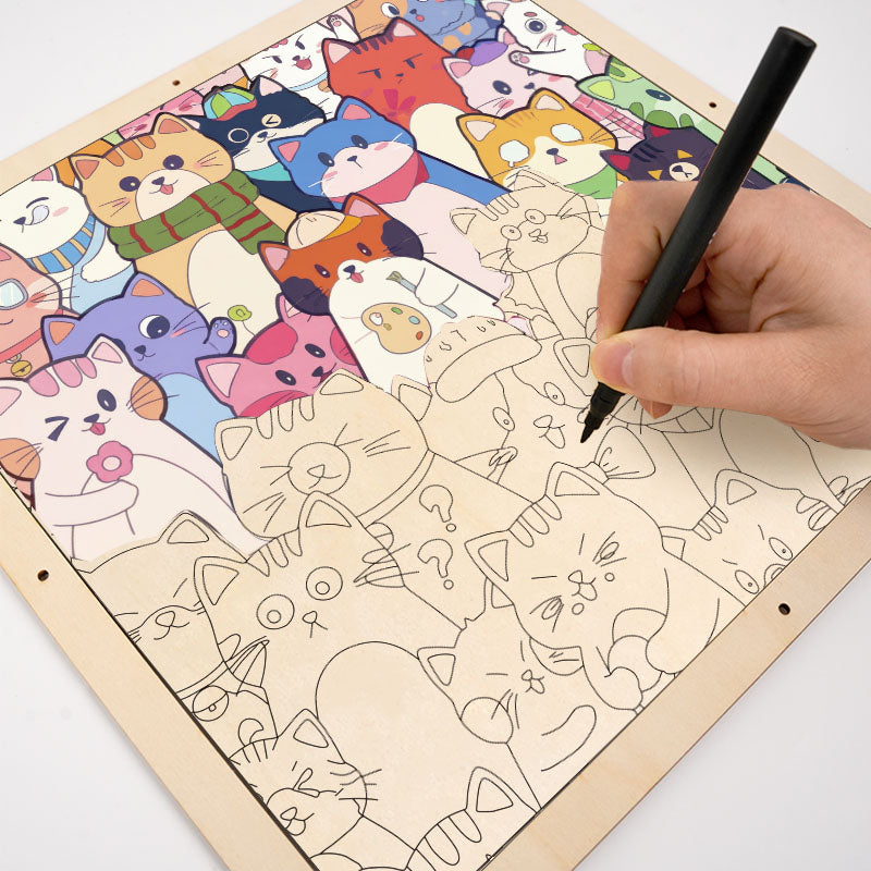 Nyckfulla katter - Träpussel att färglägga