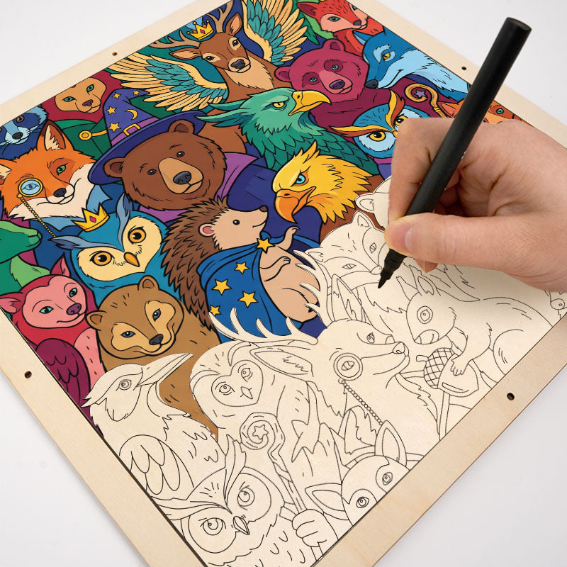 Förtrollade skogsvänner - Träpussel att färglägga