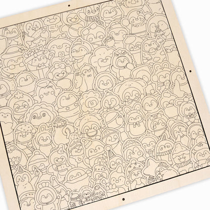 Roliga pingviner - Träpussel att färglägga