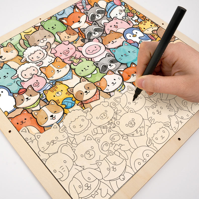 Nyckfulla djur - Träpussel att färglägga