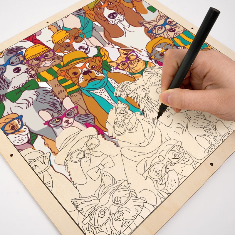 Hundar med glasögon - Träpussel att färglägga