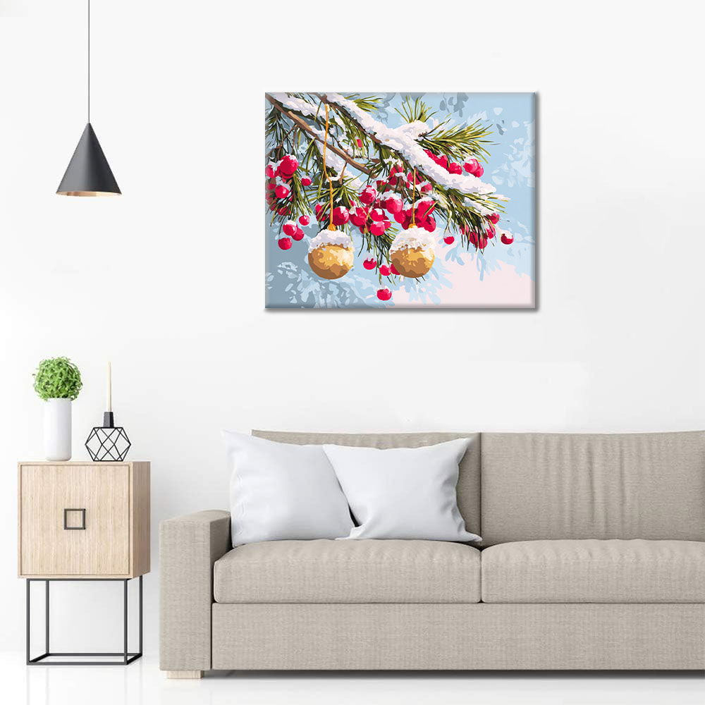 Vintergrenar med ornament - Måla efter siffror