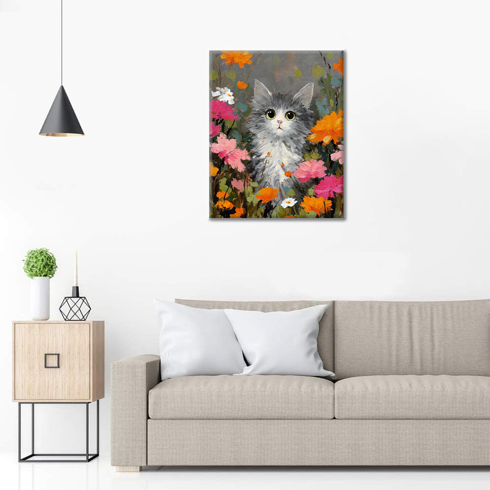 En katt bland blommorna - Måla efter siffror