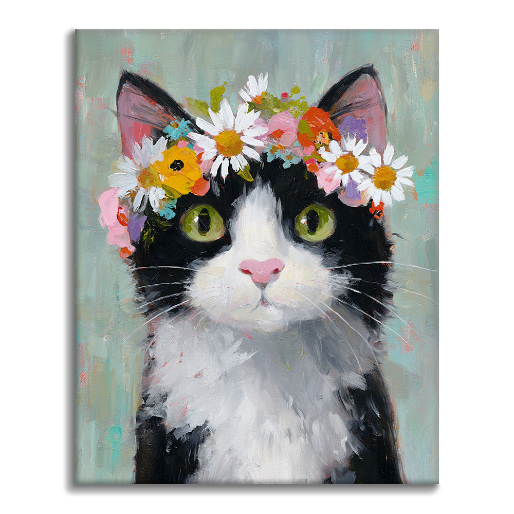 En katt med en blomsterkrona - Måla efter siffror