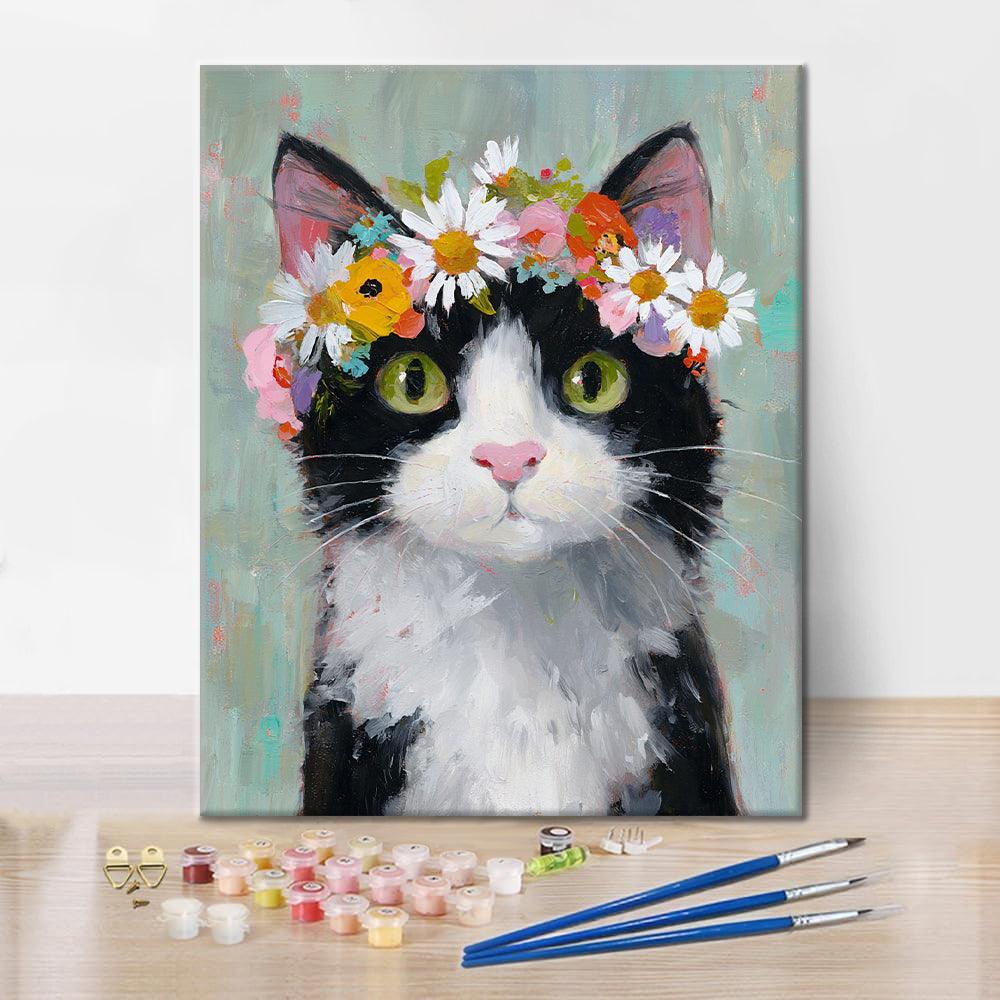 En katt med en blomsterkrona - Måla efter siffror