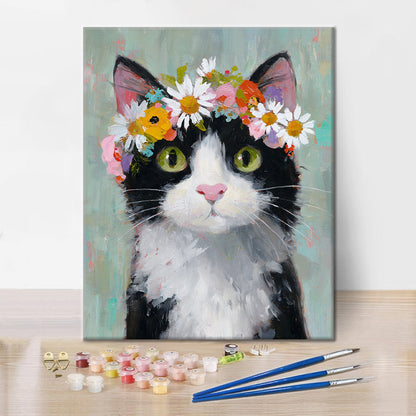En katt med en blomsterkrona - Måla efter siffror