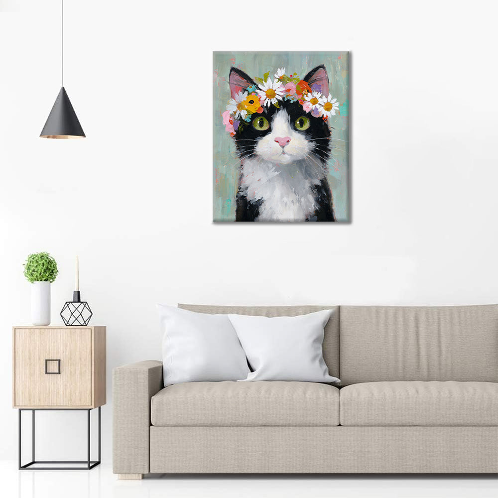 En katt med en blomsterkrona - Måla efter siffror