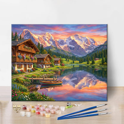 Schweizisk alpin solnedgång - Måla efter siffror