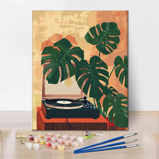 Grammofon och gröna växter - Måla efter siffror