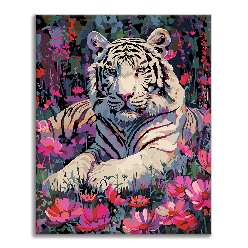 Vit tiger och blommor - Måla efter siffror
