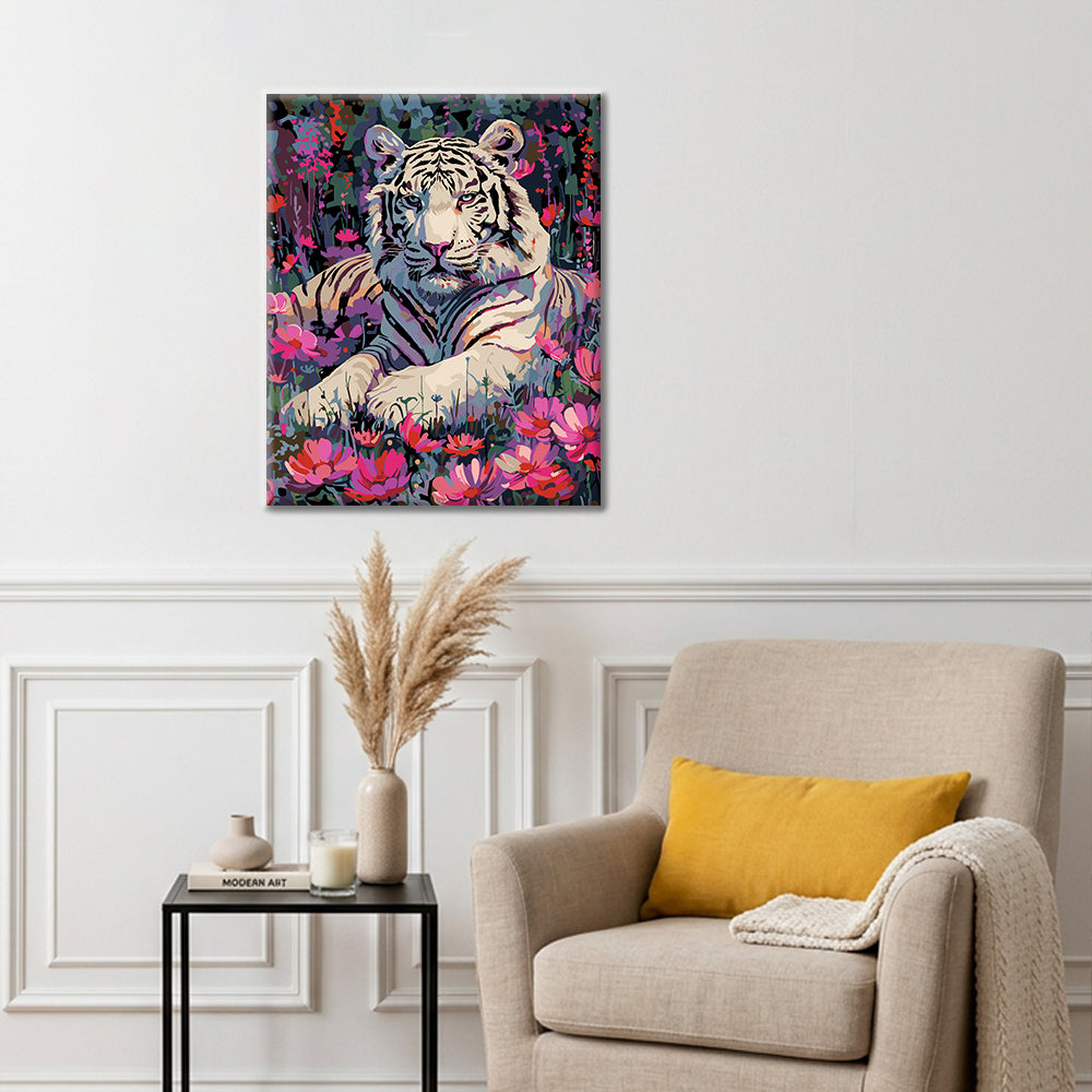 Vit tiger och blommor - Måla efter siffror