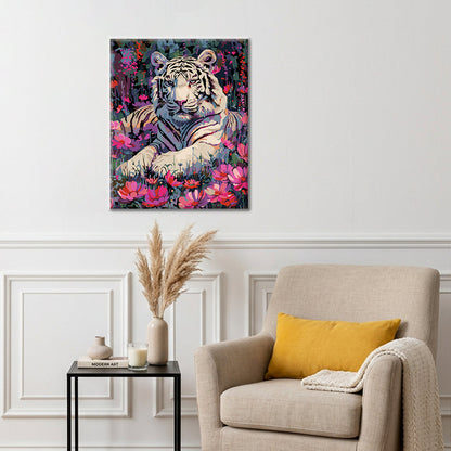 Vit tiger och blommor - Måla efter siffror