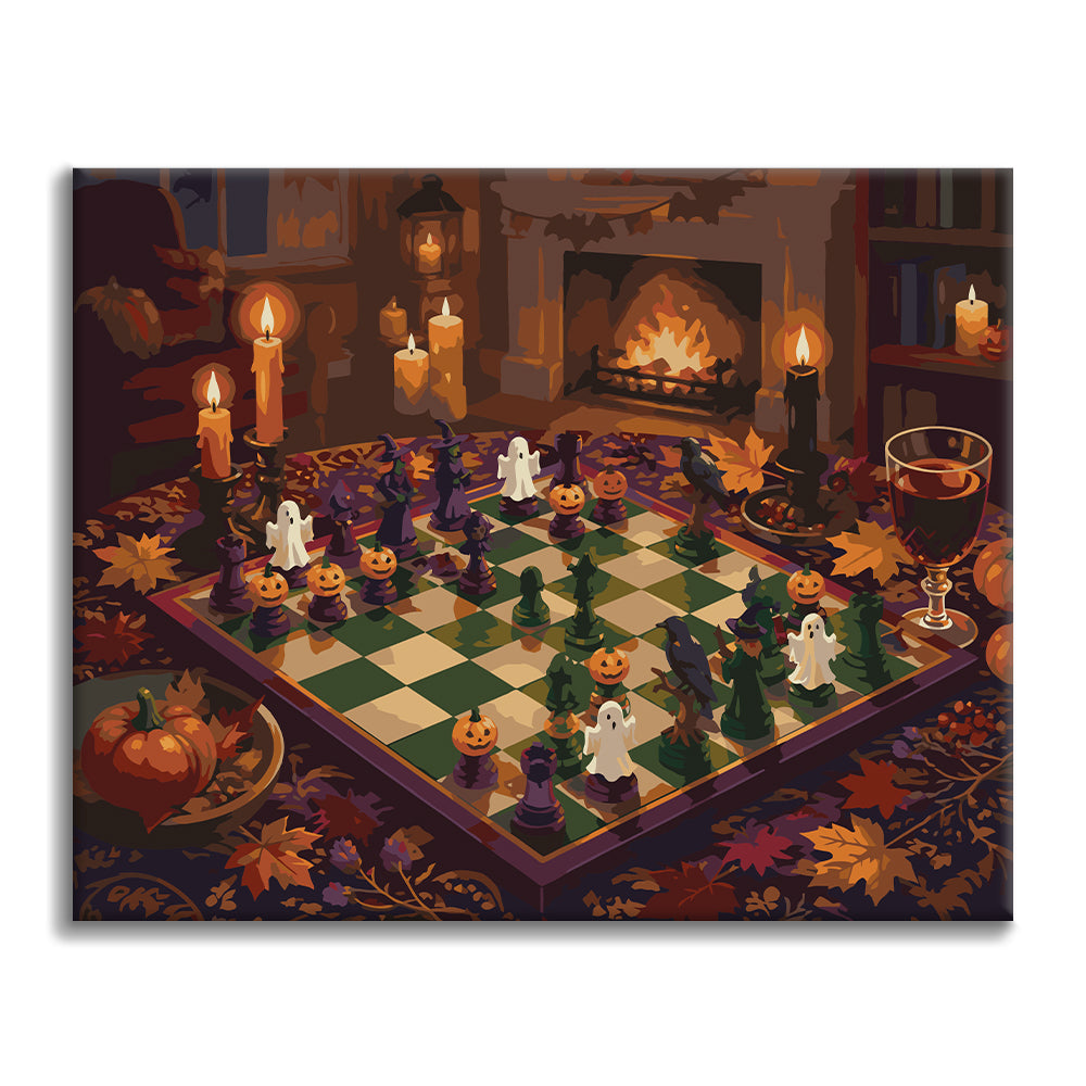 Halloween Chess vid den öppna spisen – Måla efter nummer