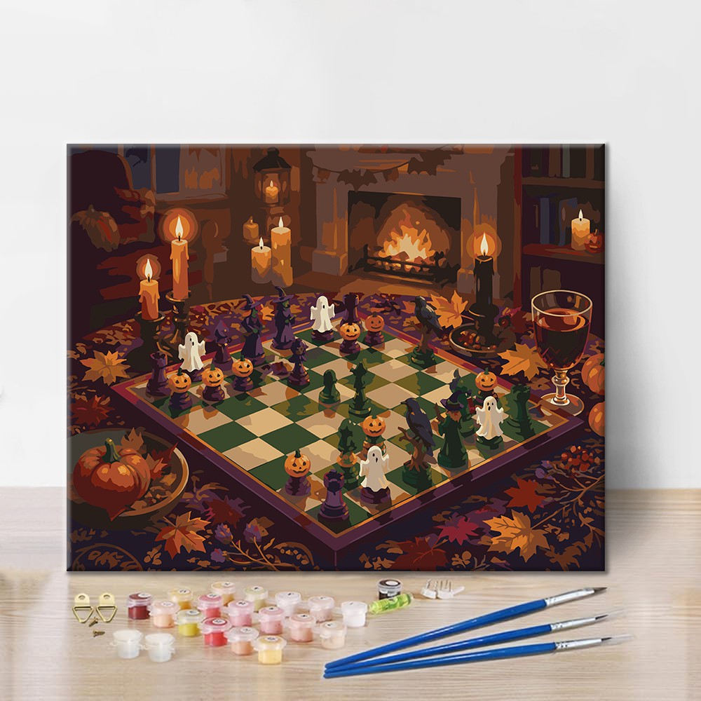 Halloween Chess vid den öppna spisen – Måla efter nummer