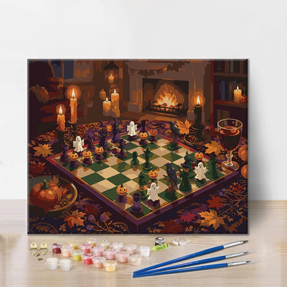 Halloween Chess vid den öppna spisen – Måla efter nummer