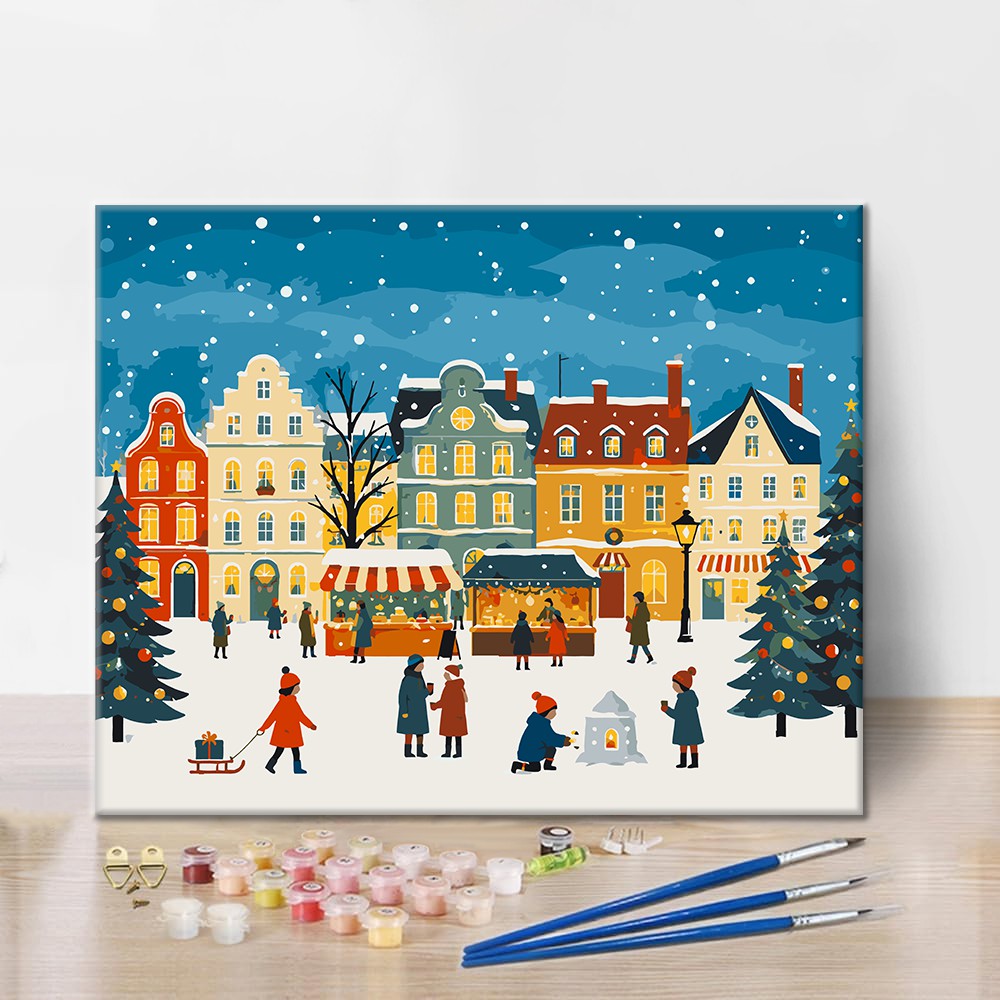 Snöigt julmarknadstorg – Måla efter nummer