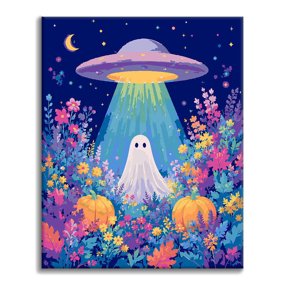 UFO och spöke i ett blomsterfält – Måla efter nummer