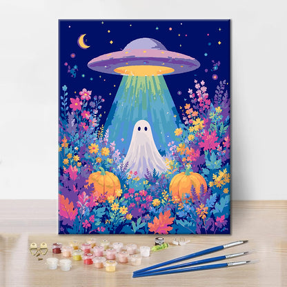 UFO och spöke i ett blomsterfält – Måla efter nummer