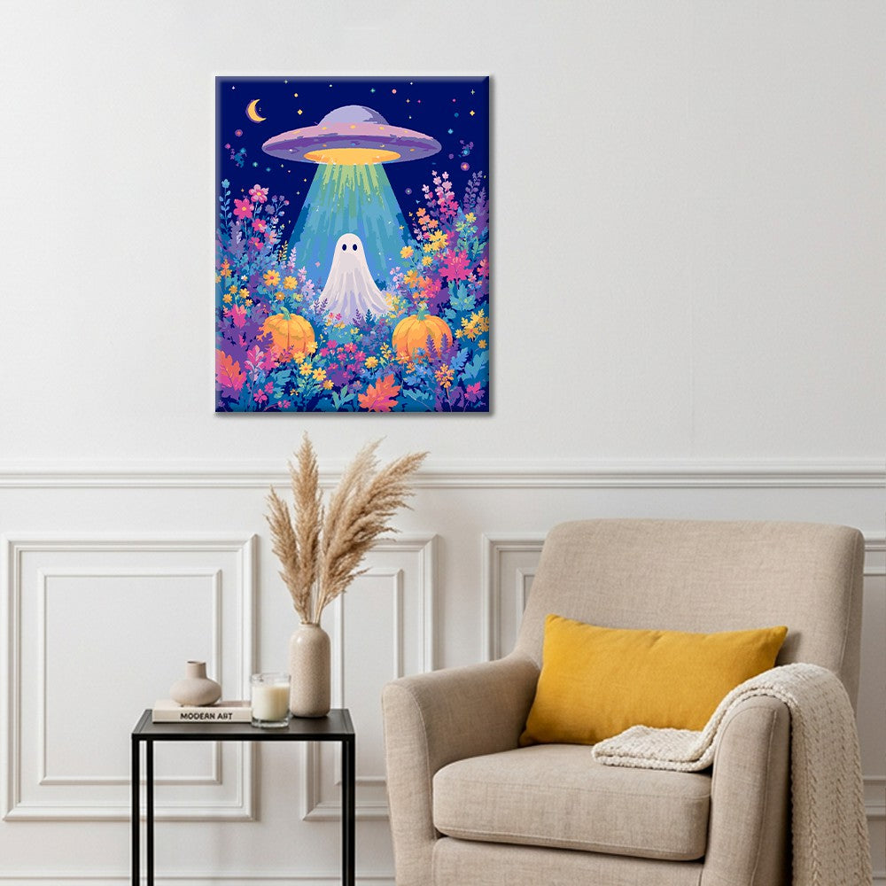 UFO och spöke i ett blomsterfält – Måla efter nummer