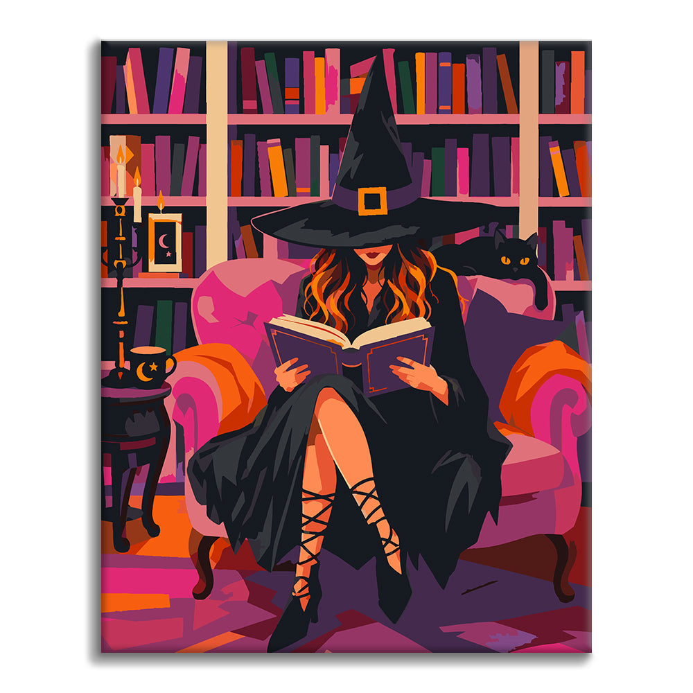 Häxa läser i ett rosa bibliotek – Måla efter nummer