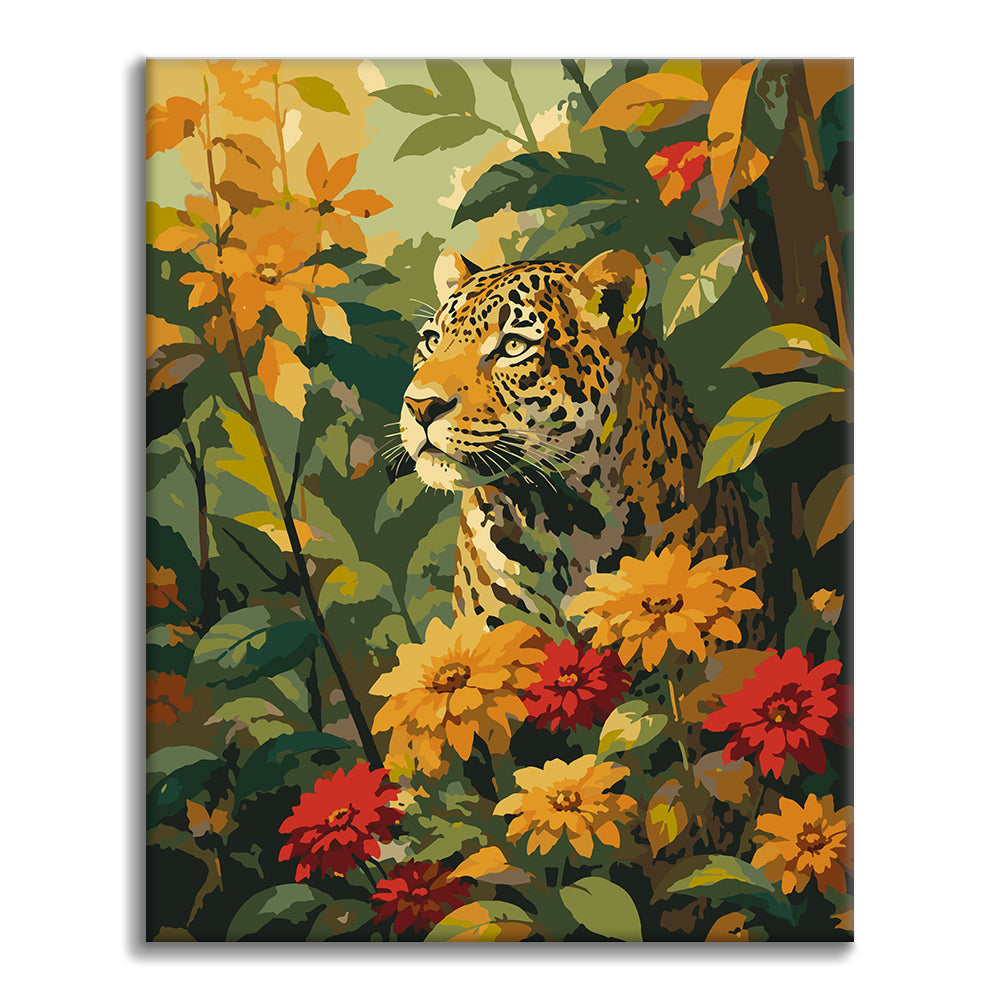 Leopard bland tropiska blommor – Måla efter nummer