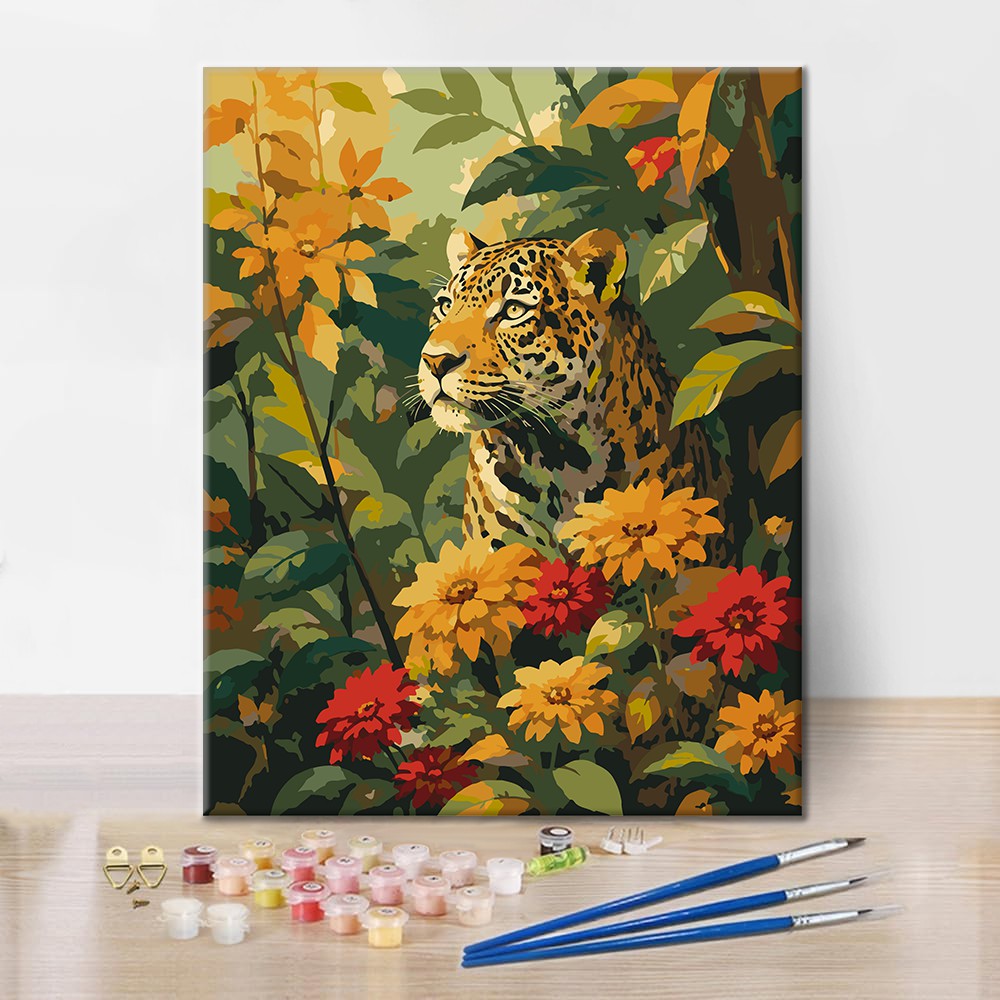 Leopard bland tropiska blommor – Måla efter nummer