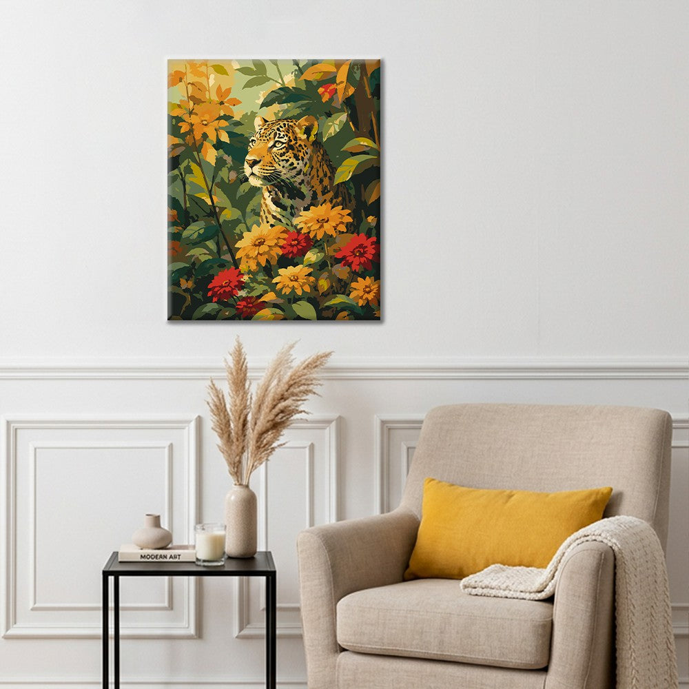 Leopard bland tropiska blommor – Måla efter nummer