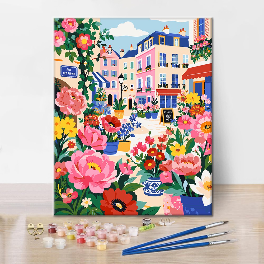 Blomsterfylld parisisk gata – Måla efter nummer