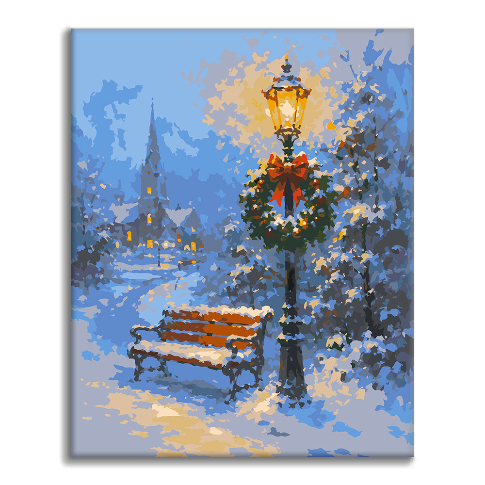 Snöig bänk och festlampa – Måla efter nummer