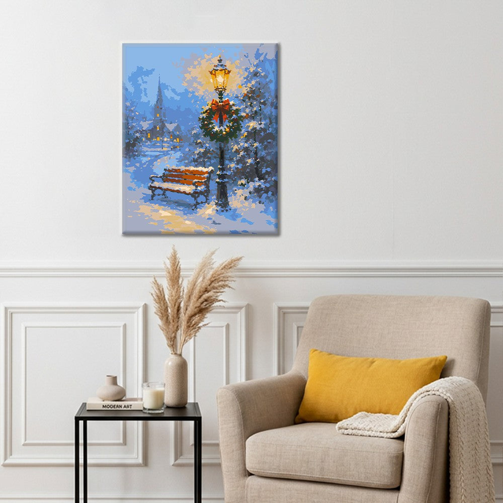 Snöig bänk och festlampa – Måla efter nummer