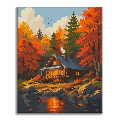 Woodland Cabin vid vattnet – Måla efter nummer