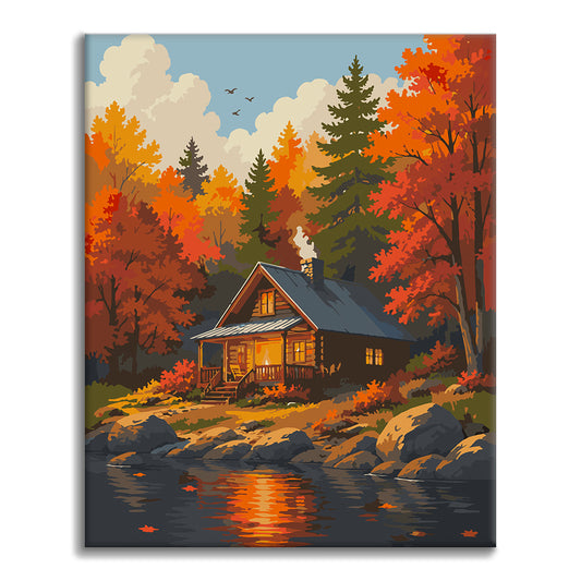 Woodland Cabin vid vattnet – Måla efter siffror