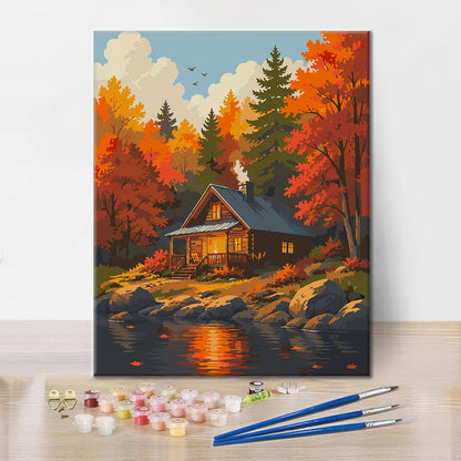 Woodland Cabin vid vattnet – Måla efter nummer
