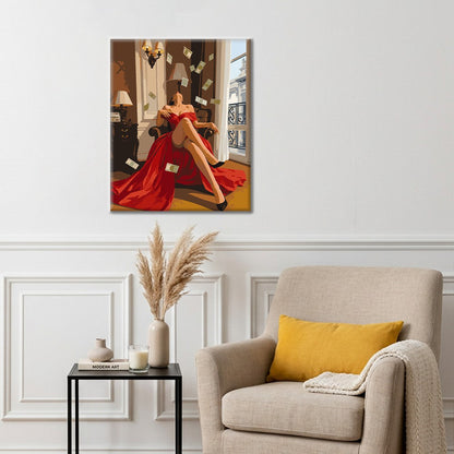Kvinna i rött med flygande sedlar – Måla efter nummer