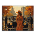 Kvinna bredvid en klassisk bil på hösten – Måla efter siffror