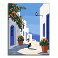 Greek Island Lane med en svart katt – Måla efter siffror