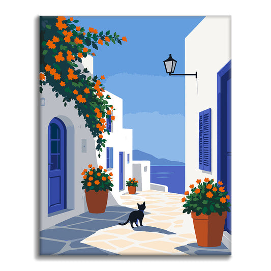 Greek Island Lane med en svart katt – Måla efter siffror