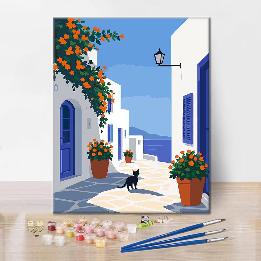 Greek Island Lane med en svart katt – Måla efter nummer