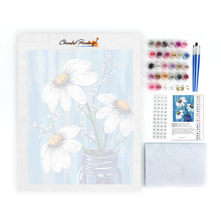 Vita prästkragar i en blå vas – Måla efter nummer
