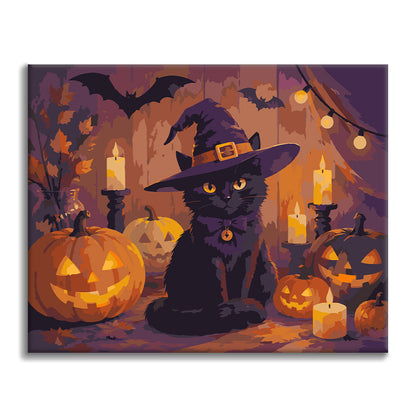Svart katt med halloweenpumpor – Måla efter nummer