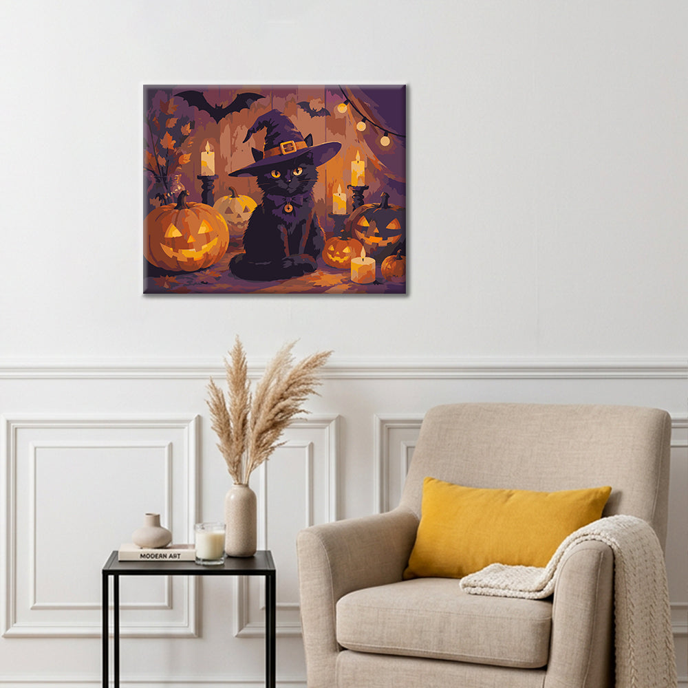 Svart katt med halloweenpumpor – Måla efter nummer